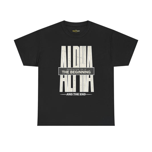 ALPHA Graphic Tee The Beginning — front view | 705 Unity vintage surf Christian tee