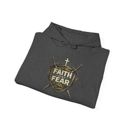 Black hoodie with a gold logo  - Faith Over Fear on a white background