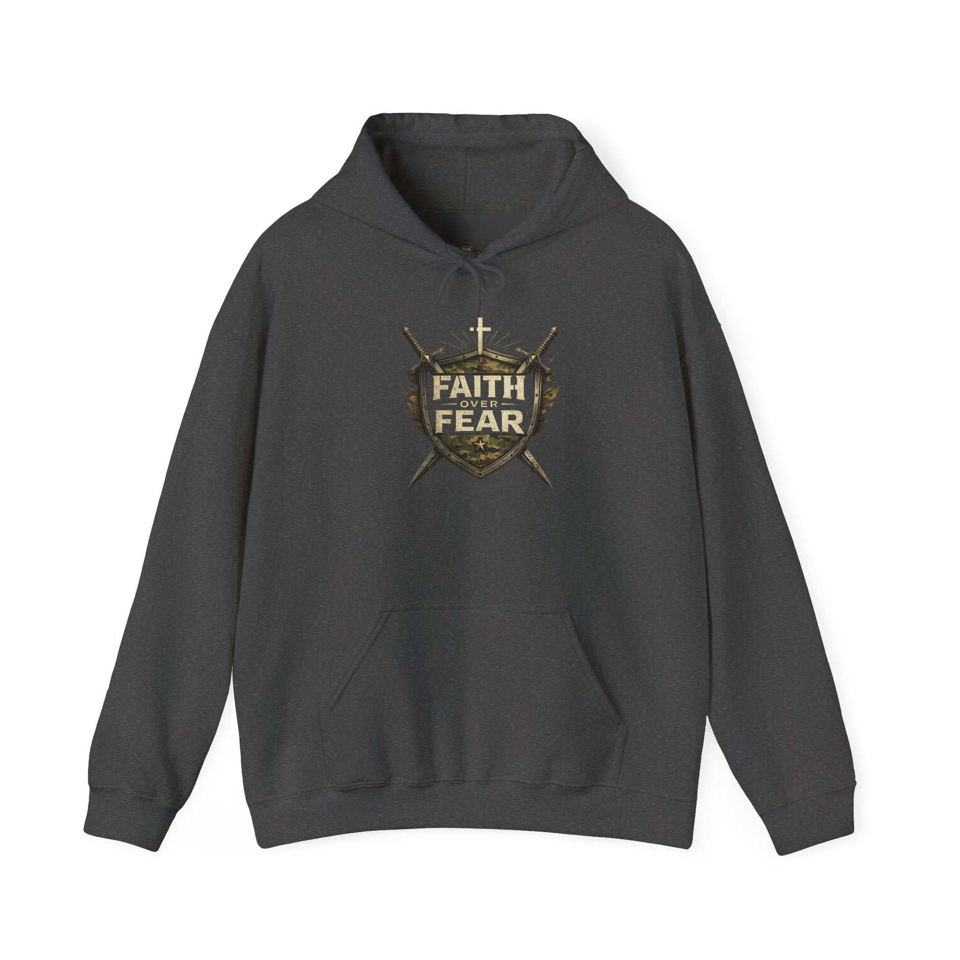 Faith Over Fear Christian hoodie in dark heather gray" with a graphic design on a white background