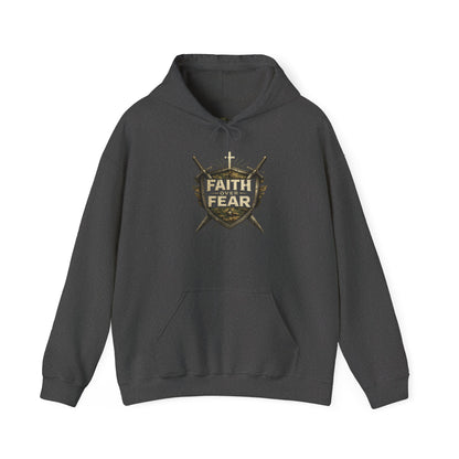 Faith Over Fear Christian hoodie in dark heather gray" with a graphic design on a white background