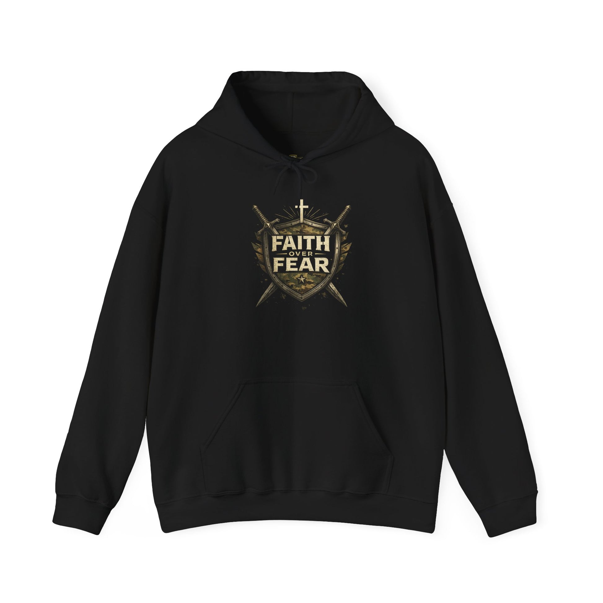  Faith Over Fear hoodie with shield and swords Christian design - black sweatshirt