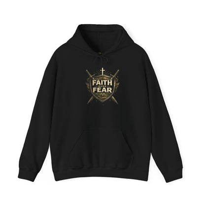  Faith Over Fear hoodie with shield and swords Christian design - black sweatshirt