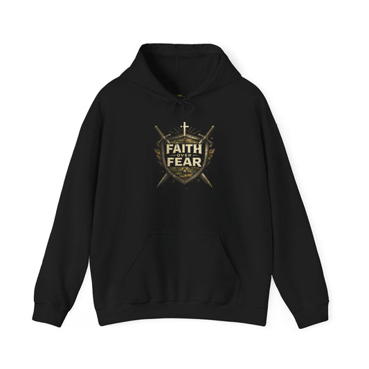  Faith Over Fear hoodie with shield and swords Christian design - black sweatshirt