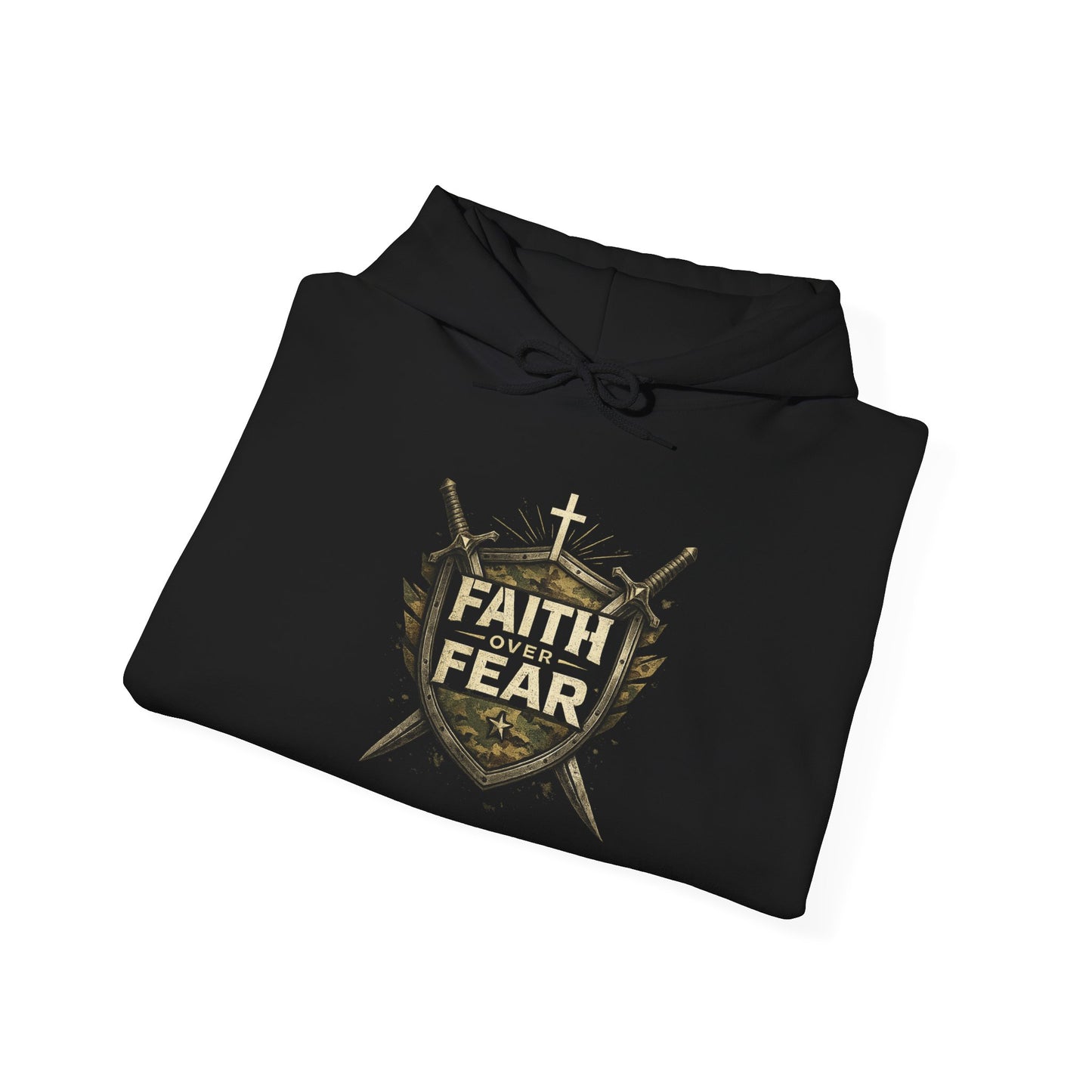 Faith Over Fear shield design hoodie - side view" on a white background