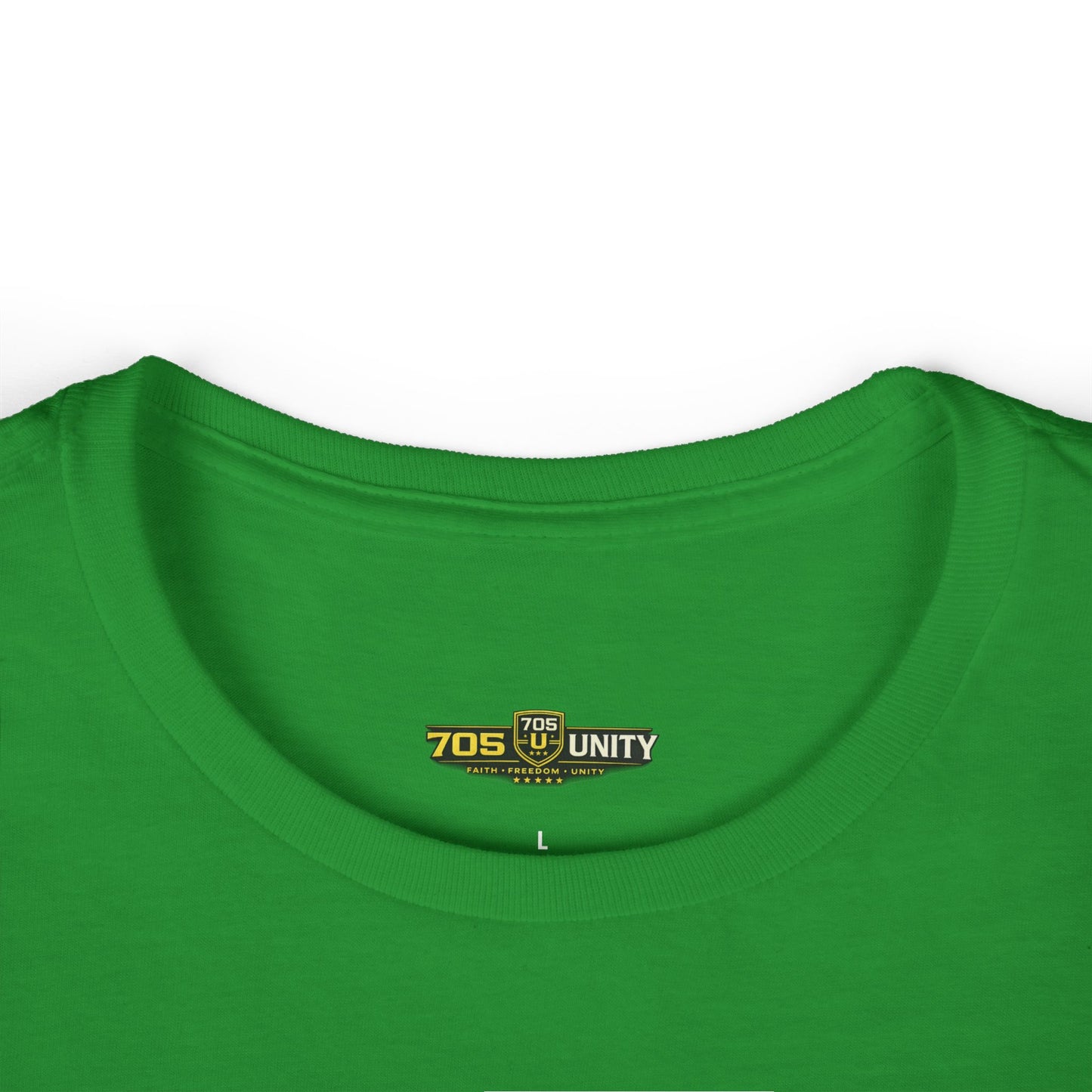 Green shirt with a logo on the collar against a white background