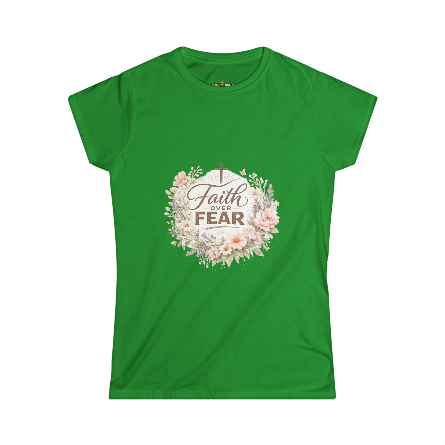 Green t-shirt with floral design and 'Faith Over Fear' text on a white background