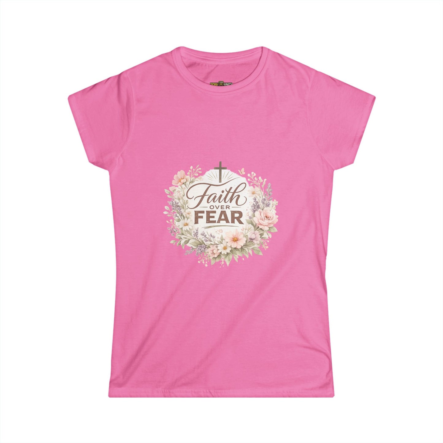 Pink t-shirt with 'Faith Over Fear' design on a white background