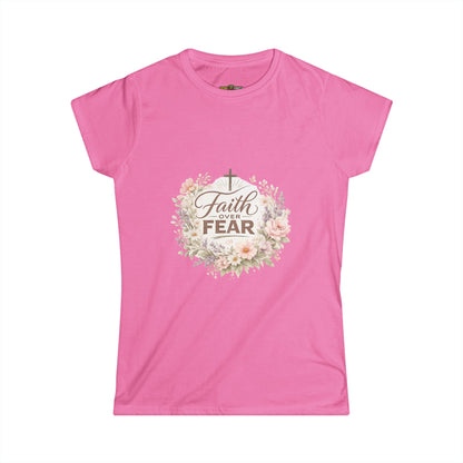 Pink t-shirt with 'Faith Over Fear' design on a white background