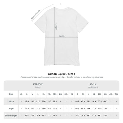 White t-shirt with measurement chart on a white background